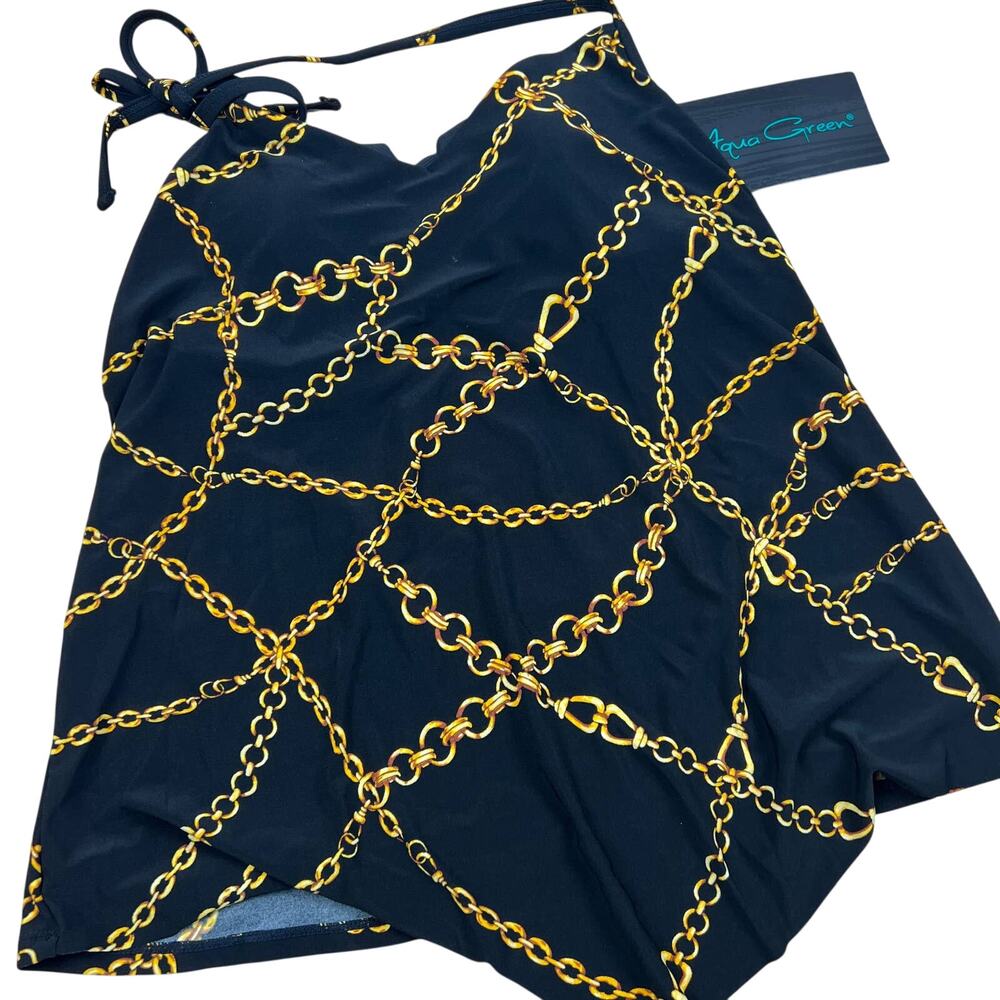 Aqua Green Women's Black with Gold Chain Print Halter Tankini - Size Large - NWT